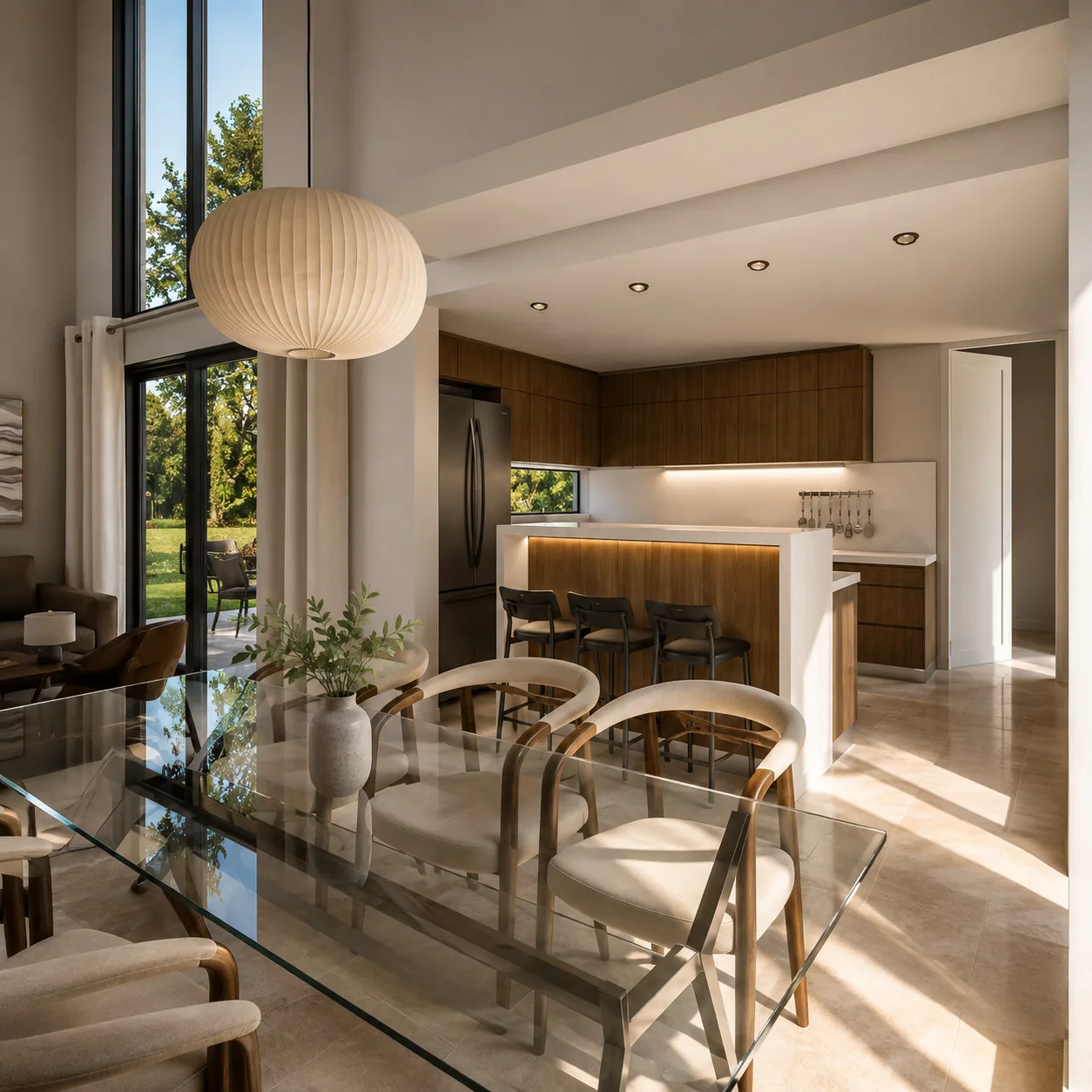 Cocina abierta con isla y comedor en villa Aquarella