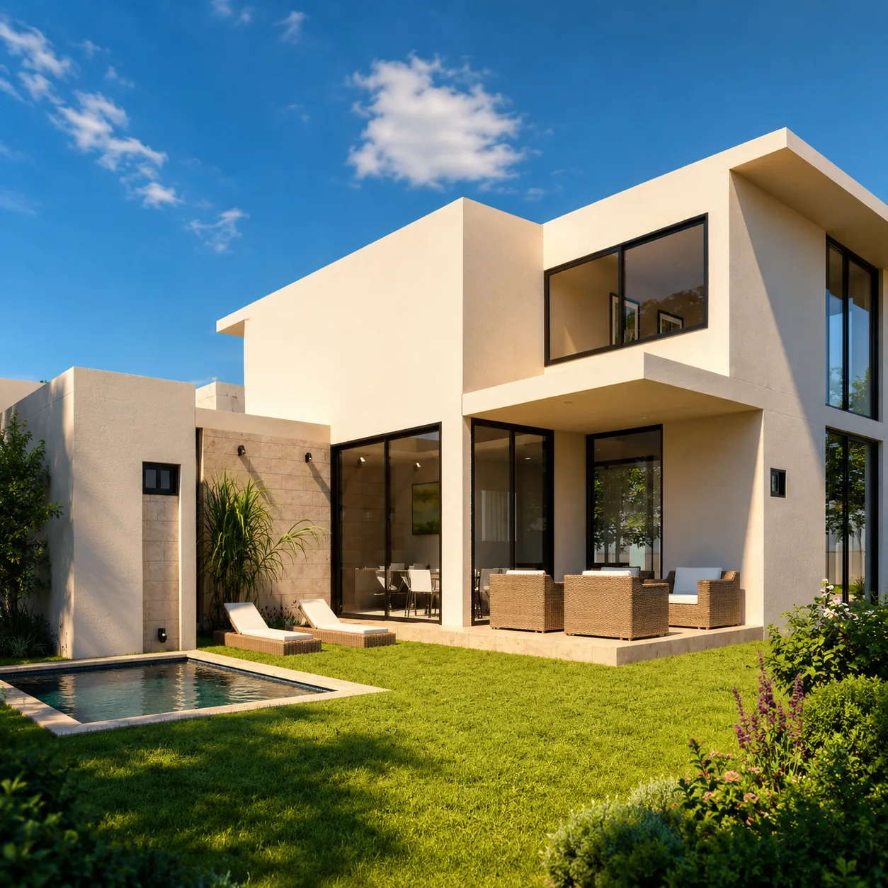 Villa Aquarella vista posterior con piscina privada, terraza y jardín